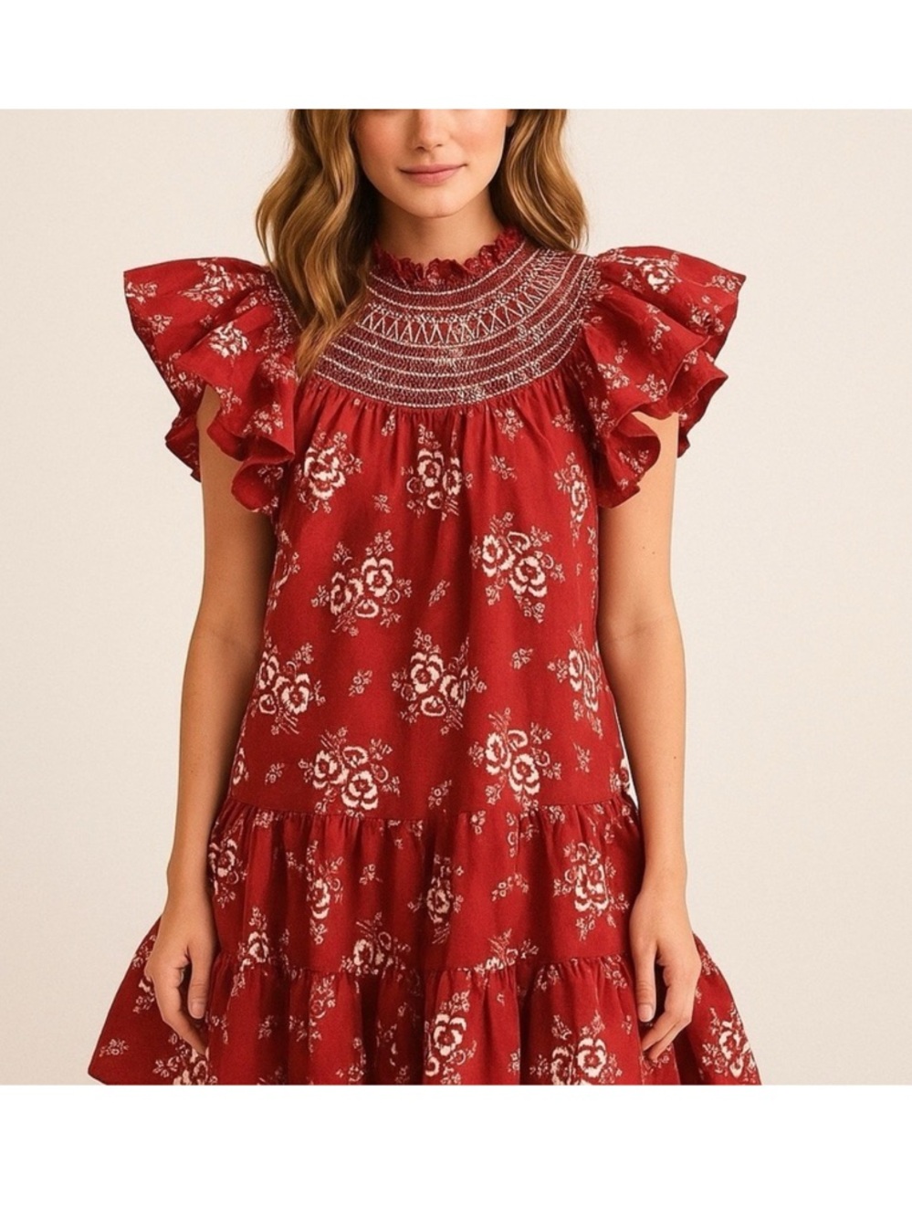 Sea New York Red Floral Smocked Yoke Dress